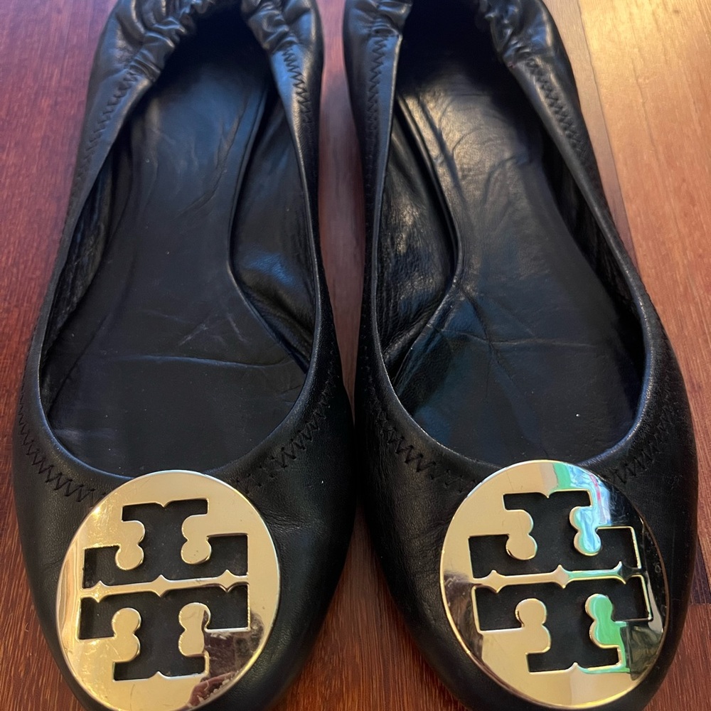Tory Burch Black Flats with Gold Logo